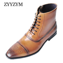 Load image into Gallery viewer, ZYYZYM Men Boots Leather Side Zipper Lace Up Men High Top Brogue Shoes Man Oxfords European Leather Boots Men Zapatos De Hombre